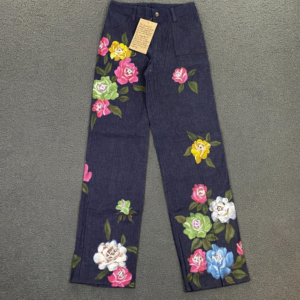 VTG Y2K‎ Mandalay Jeans size 4 Straight Leg Hand Painted Flowers Patch Pocket